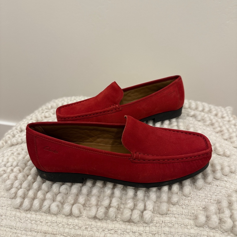 Clarks Red Suede Slip-On Loafers